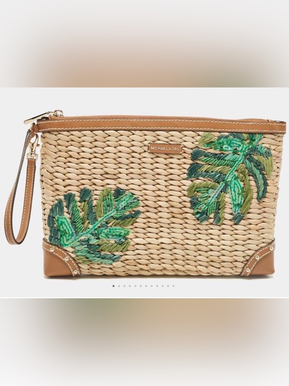 Michael Kors Tan Woven Straw Wristlet Clutch with Green Leaf Embroidery